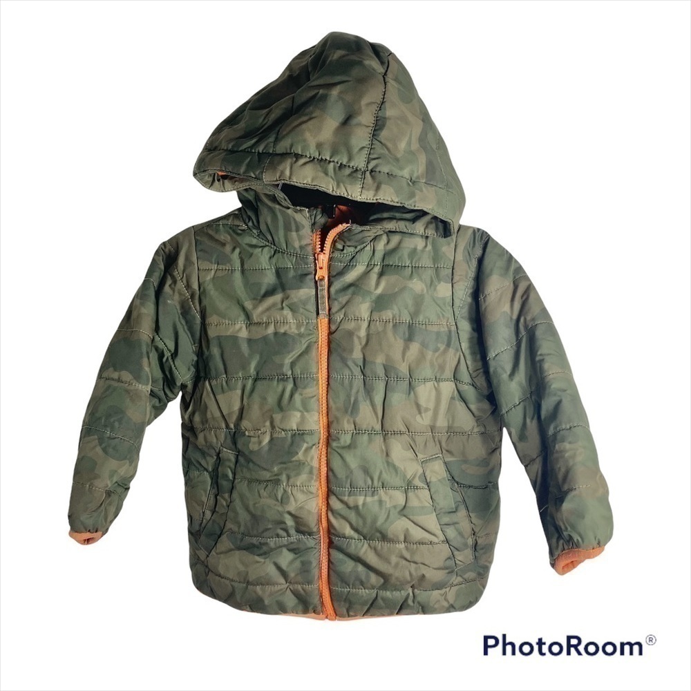 Children’s Place Camouflage Puffer Coat Sz 4T Green Orange Full Zip Hooded